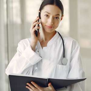 female doctor on phone